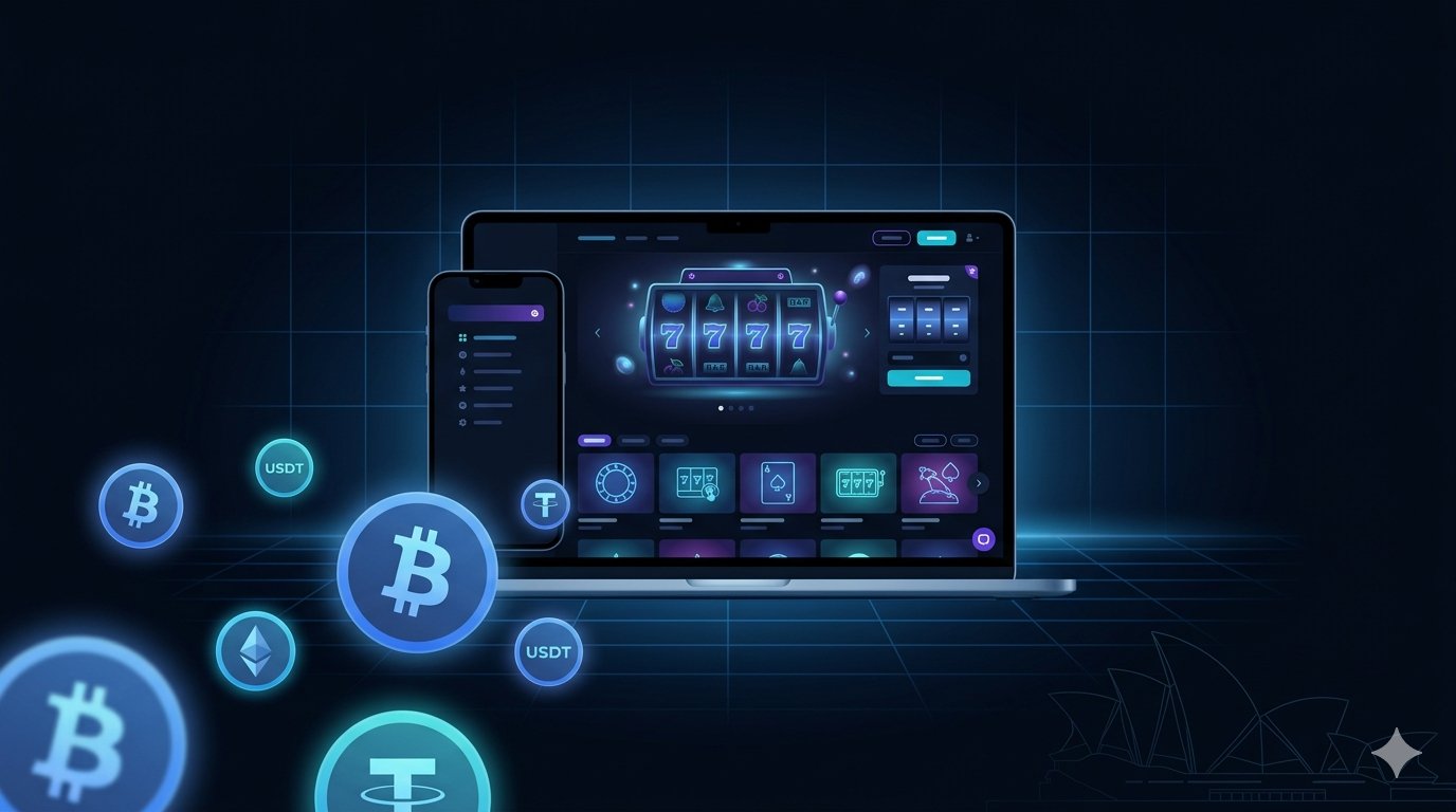 Best crypto casino Australia 2026 — Bitcoin pokies on laptop and mobile showing slot games, crypto coins BTC USDT ETH floating, Sydney Opera House silhouette